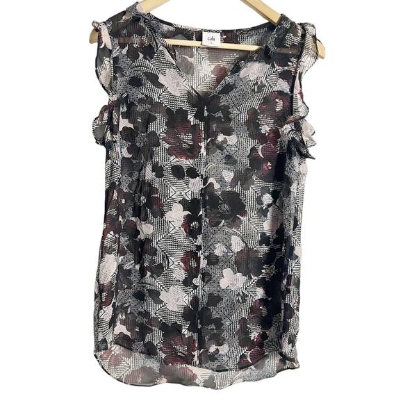 Cabi Black Floral Print Sleeveless Ruffled Sheer V-Neck Blouse Size Small - Picture 1 of 8